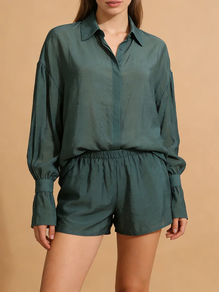 Lazy French Minimalist Style Solid Shirt for Women Lapel Long Sleeve Button Design Sheer Fabric for Daily Street Shopping