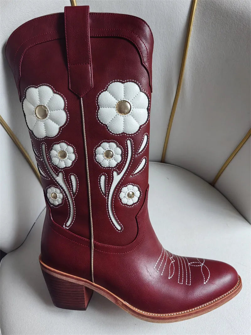 Onlymaker Women Pointed Toe Mid-Calf Boots  Western Flower Cowgirl Boots Comfy Pull-ON Big Size Cowboy Boots