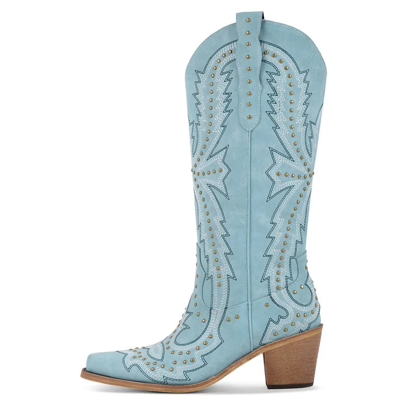 Onlymaker Women Pointed Toe Mid Calf  Pull-on Knee High Cowgirl Boots Comfy  Chunky Heel Western Boots