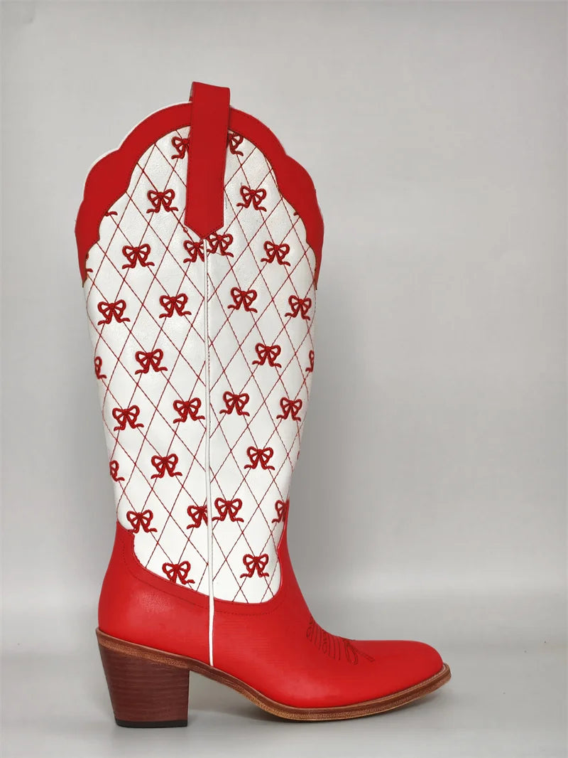 Onlymaker Women White  Pull-on Knee High Cowgirl Boots with Bow  Big Size Comfy Women Cowboy Boots