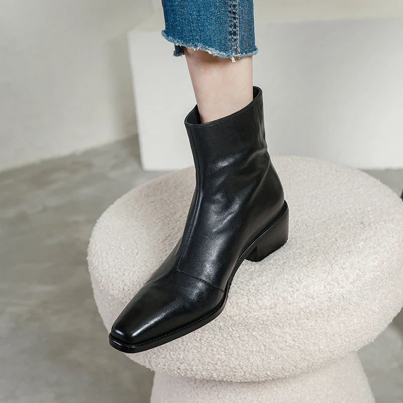 Size 34-40 New Handmade Genuine Leather Soft and comfortable Ankle Boots Zipper Chunky Mid Heels Square Toe Boot