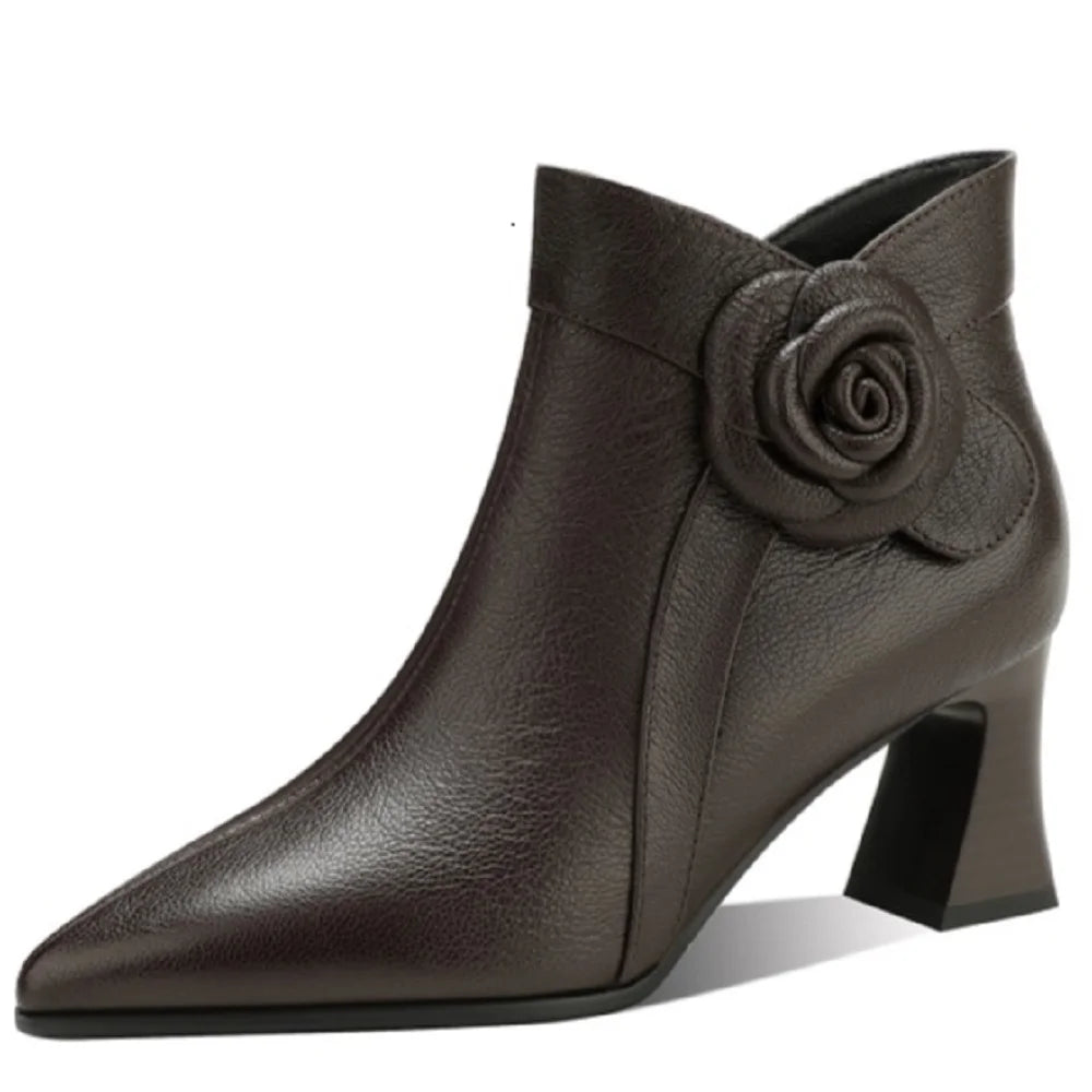 New Autumn Winter Handmade Genuine Leather Soft and comfortable Boots Pointed Toe Flower High Heel Short 33-41