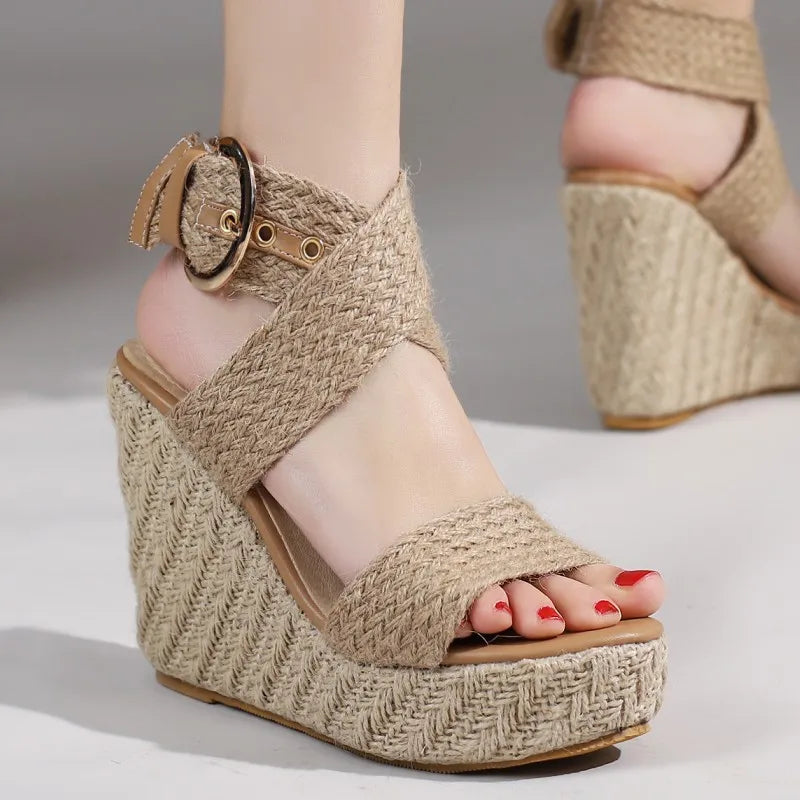 Large Size Platform Sandals Wedge Summer Shoes For Women Wedges High Heels Beige