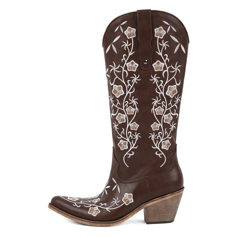 Onlymaker Women Pointed Toe Retro Western Cowgirl Boots Chunky Heel Embroidery Side Zipper Cowboy Boots