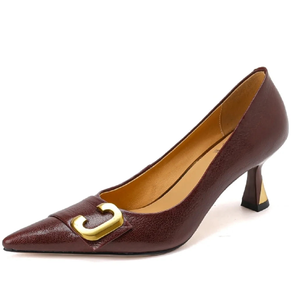 Dress Party Shoes Women Genuine Leather Pumps Sexy Thin Heels Slip On Solid Color Pointed Toe Handmade For Ladies