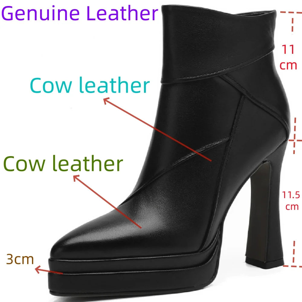 Handmade Genuine Leather Women New High Quality Short Ankle Boots Pointed Zipper Thick High Heels Boots 34-40