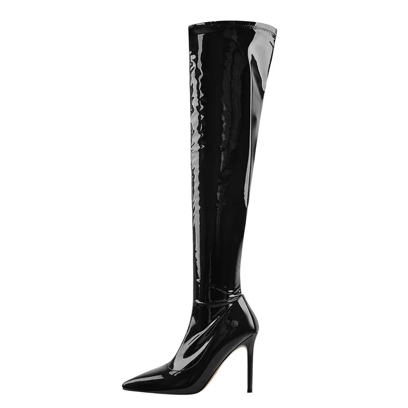 Onlymaker Women Pointed Toe Side Zipper Patent Leather Thin High Heels Concise Sexy Party Over The Knee Spring Autumn  Boots
