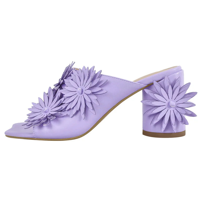Women Square Toe Flower Mules Chunky Heels Slip On Summer Sandals
