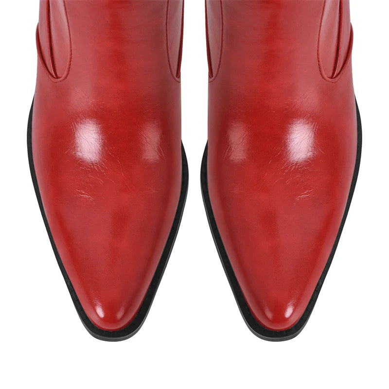 Onlymaker Women Red Pointed Toe Over The Knee High Boots 6.5CM Heel Winnter Thigh Boots