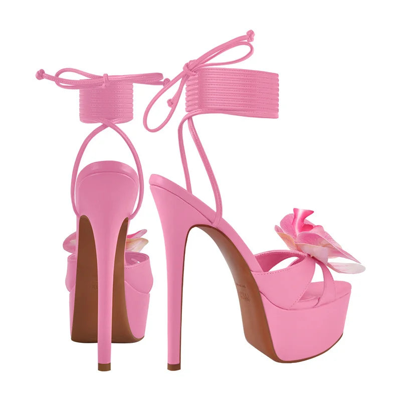 Women Flower Open Toe Pink Platform High Heeled Big Size Women Lace Up Stiletto Sexy Summer Sandals