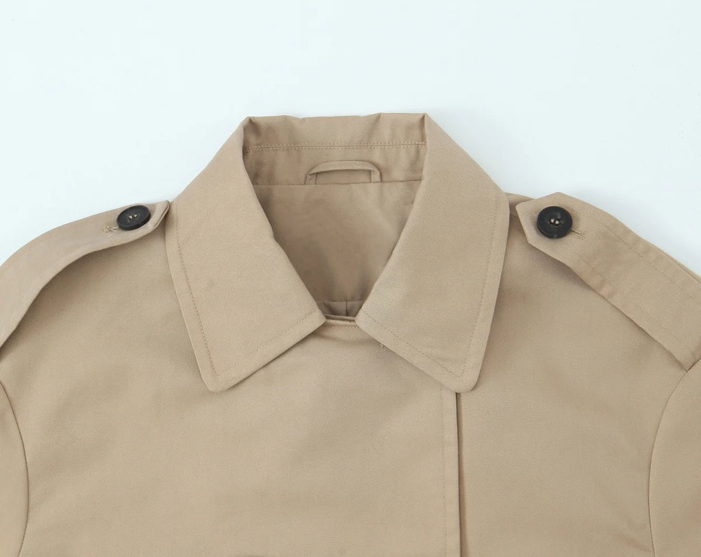 Women Double Breasted Cropped Trench Jacket Long Sleeves for Female Autumn Winter Outerwear