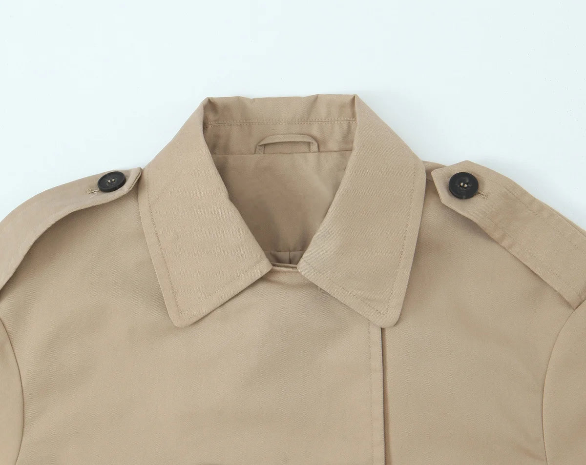 Women Double Breasted Cropped Trench Jacket Long Sleeves for Female Autumn Winter Outerwear