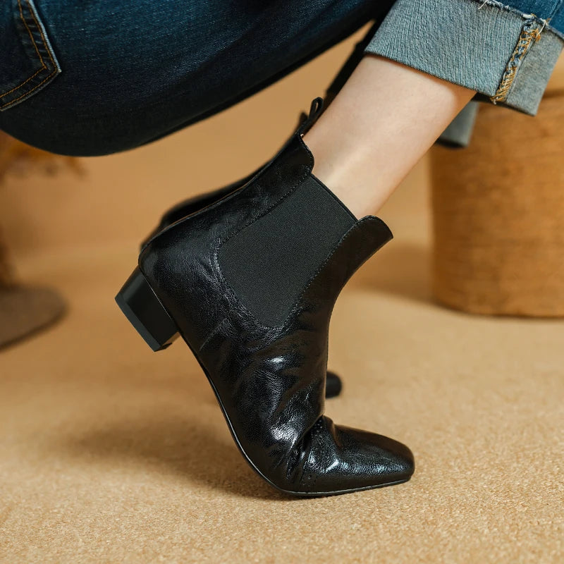 Handmade genuine leather elastic slip-on flats autumn ankle boots square toe casual female quality Chelsea 34-40