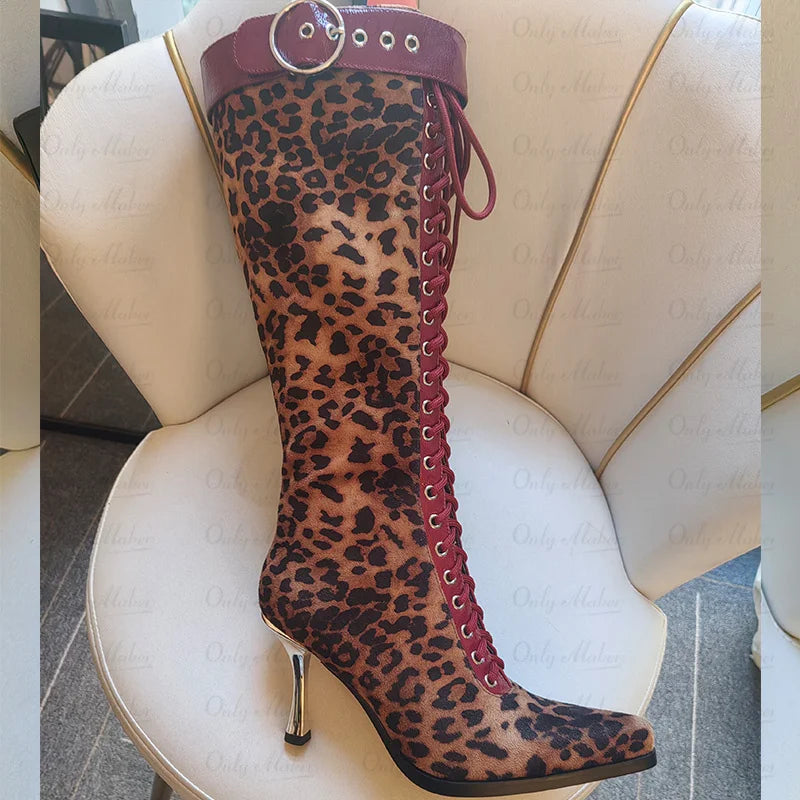 Women Pointed Toe Leopard Buckle Detail Knee High Boots  Stiletto Sexy  Kitten Heels Side Zipper Winter Boots
