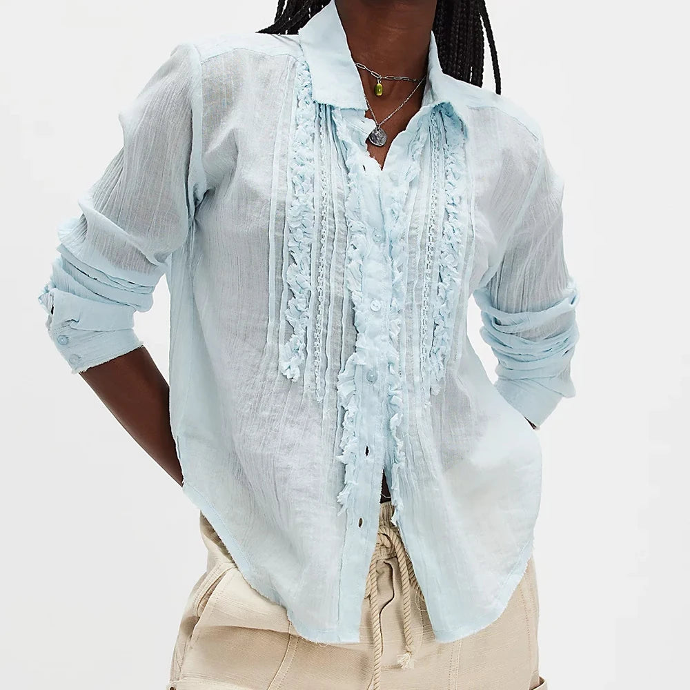 Women Autumn Coquette Lace Trim Button Long Sleeve Shirts y2k Vintage Ruffles Slim Fits Kawaii Crop Tops Sheer Office Blouse