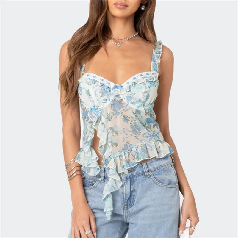 Women Camisoles Floral Print Ruffles Casual Tank Tops Summer Fashion Sleeveless Crop Tops Y2K Vintage Streetwear