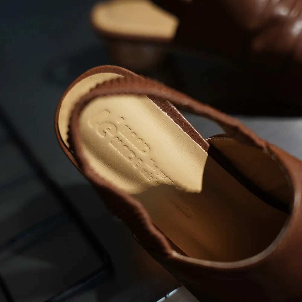 New Women Handmade Genuine Leather Wedges Shoes Female Slippers Pointed Toe Ladies Heeled Slides Slippers Sandals