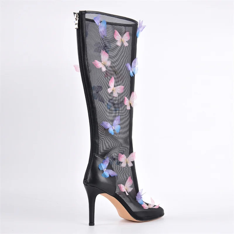 Onlymaker Women  Pointed Toe Butterfly Air Mesh  The Knee High Boots Zipper Sexy Sweet Thin High Heel Wedding Boots