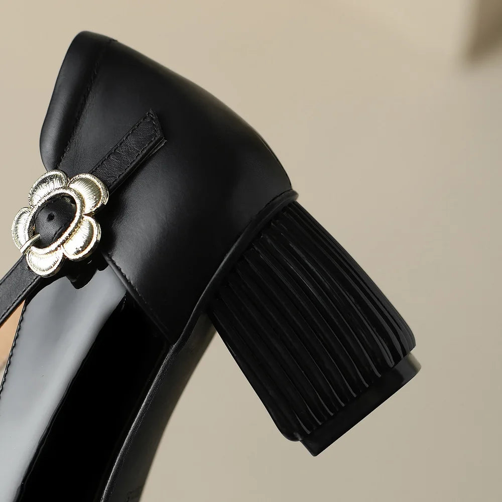 Retro Light Women Handmade Genuine Leather Pointed Toe Metal Buckle One-Strip Style Mid Heel Single Comfortable