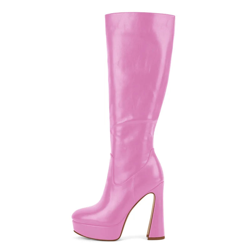 Onlymaker Black Platform Knee High Boots with Thin Heel Side Zipper Boots
