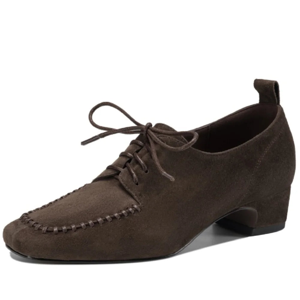 Women's natural suede leather square toe lace-up flats oxfords high quality soft comfortable casual female 34-40