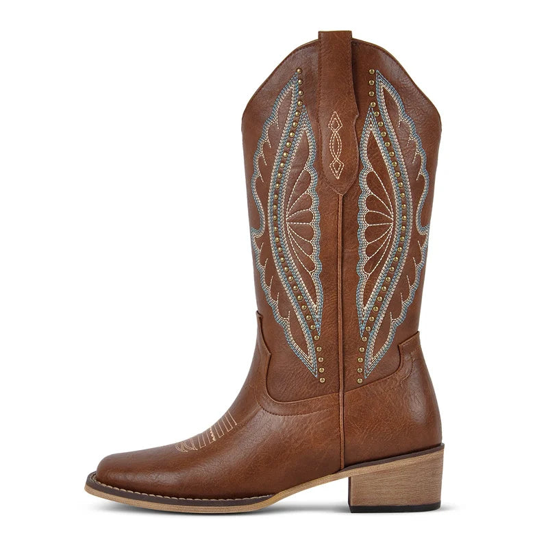 Onlymaker Women Square Toe Cowboy Boots  Wide Calf Cowgirl Boots Embroidered Western Work Boots