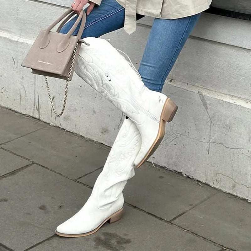 Onlymaker Women Pointed Toe Side Zipper Embroidered Western Cowboy Boots Block Heel Cowgirl Booties