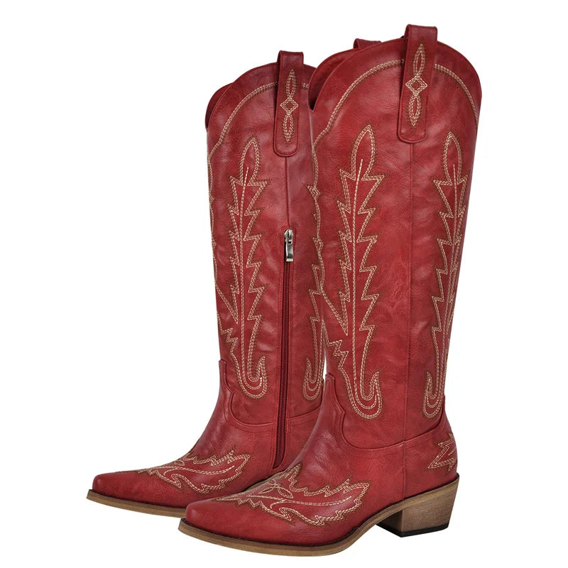 Onlymaker Women Pointed Toe Side Zipper Embroidered Western Cowboy Boots Block Heel Vintage Fashion Tall Cowgirl Boots