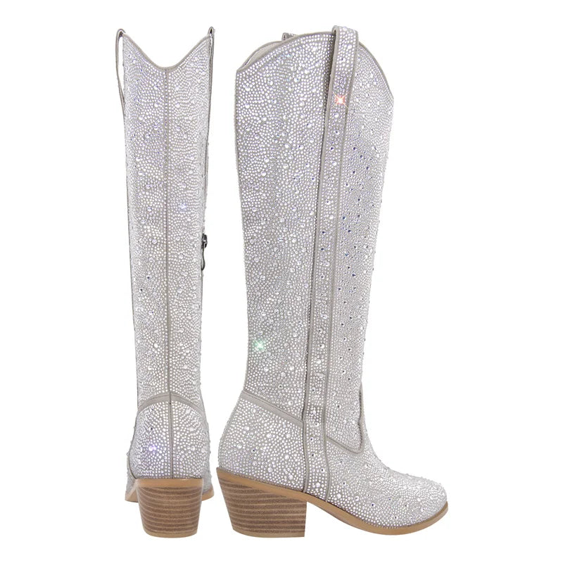 Onlymaker Women Rhinestone Boots Silver Knee High Western Cowgirl Boots Glitter Bling Shiny Pointed Toe Block Heel Lady Booties