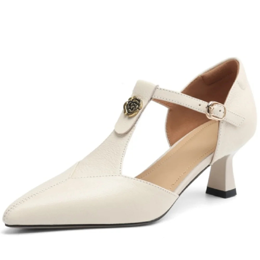 Handmade Genuine Leather Retro Sle with Buckle Design Hollow out Tea Flower Pattern Mid Heel Single Shoes 34-40
