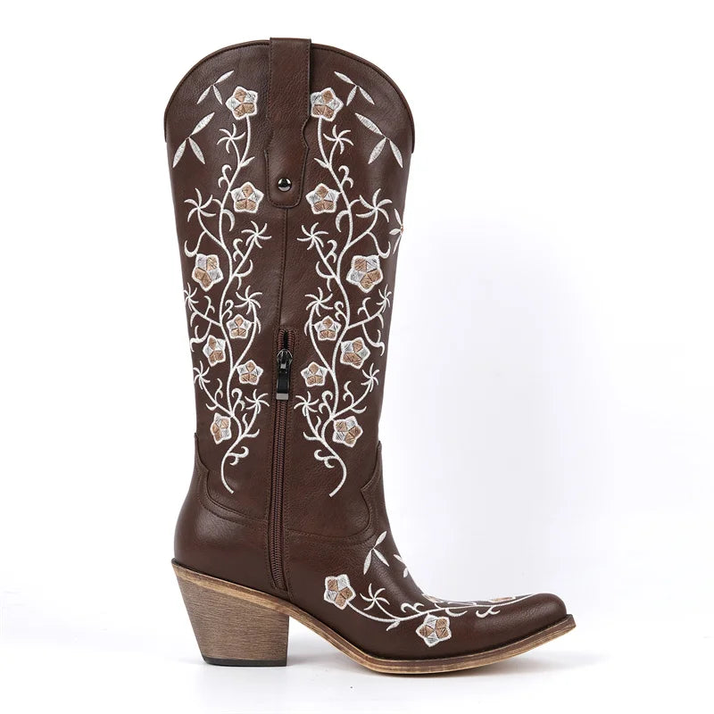 Onlymaker Women Pointed Toe Retro Western Cowgirl Boots Chunky Heel Embroidery Side Zipper Cowboy Boots