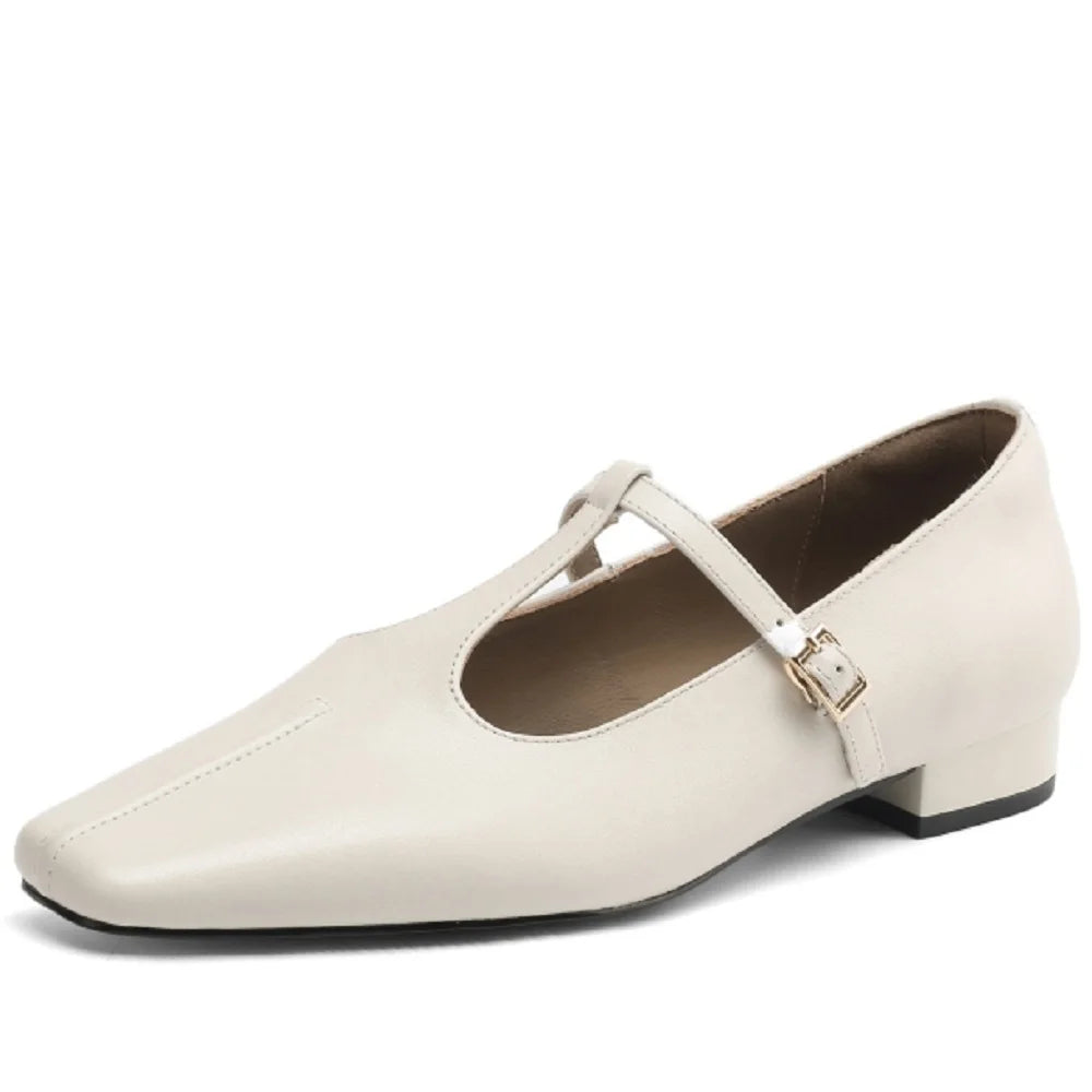 Handmade Genuine Leather Square Toe Low Heels T-strap Mary Janes Office Lady Party Catwalk Elegant Luxury 34-41