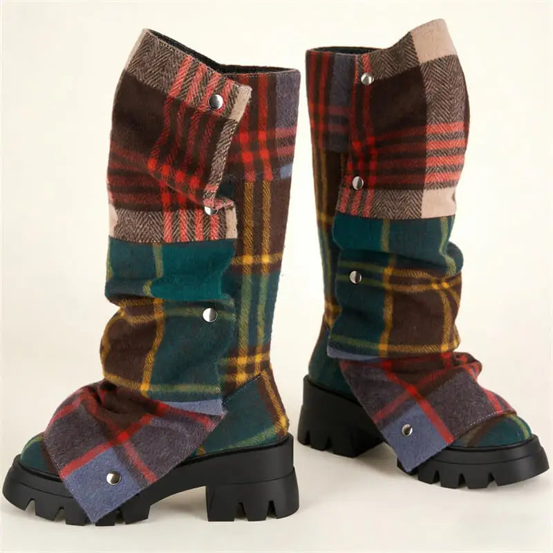 Onlymaker Women Platform Fold Over Boots Block Heel Round Toe Western Pull on Fashion Mid-Calf Female Boots