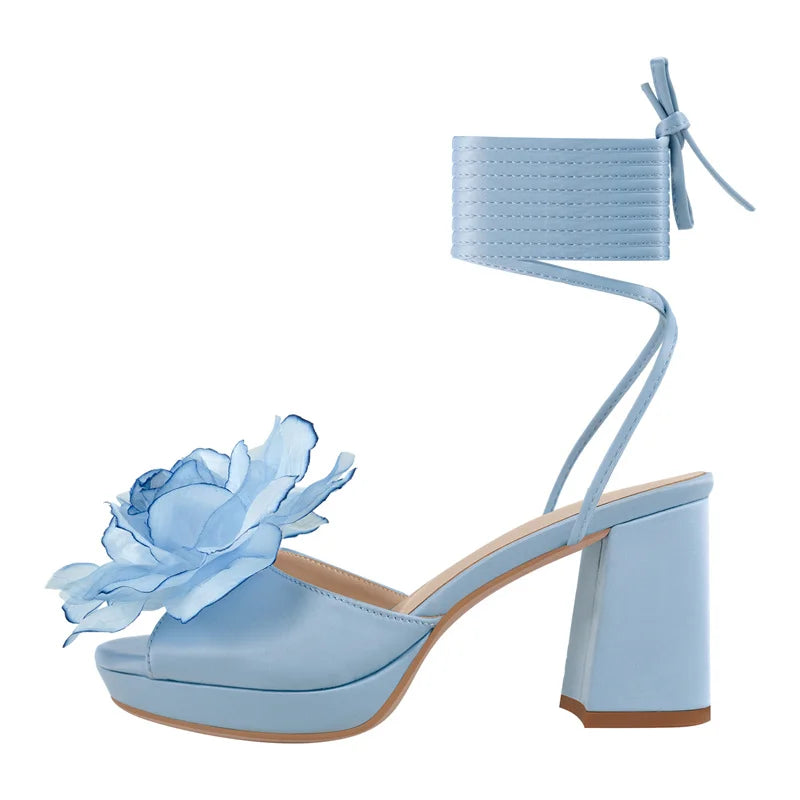 Women Platform Pink Flower Lace-UP Open Toe  Chuny Heeled   Summer Sandals