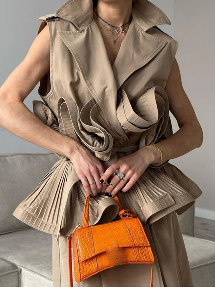 Solid Patchwork Folds Elegant Blouse For Women Lapel Sleeveless Tunic Temperament Spliced Belt Shirt Female Fashion Style