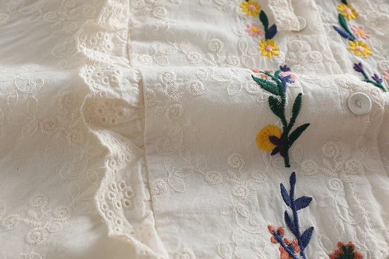 Fall Mori Girl Cotton Floral Embroidery Lace Long Sleeve Shirt Vintage Shabby Chic Cottagecore Sweet Victorian Rococo Blouse