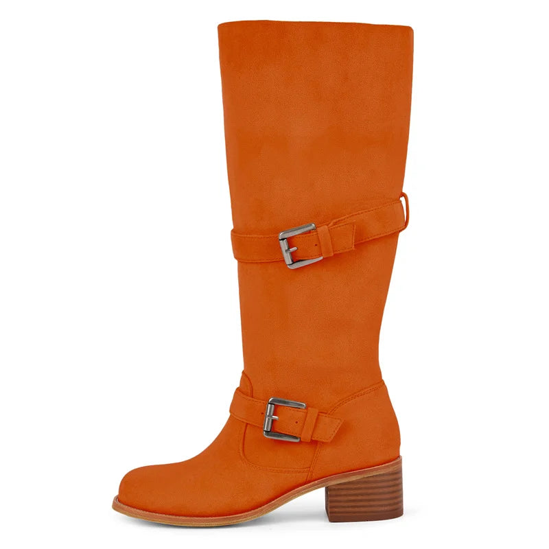 Onlymaker Women Round Toe Knee High Boots Low Heel  Fashion Pull on Wide Calf  Boots