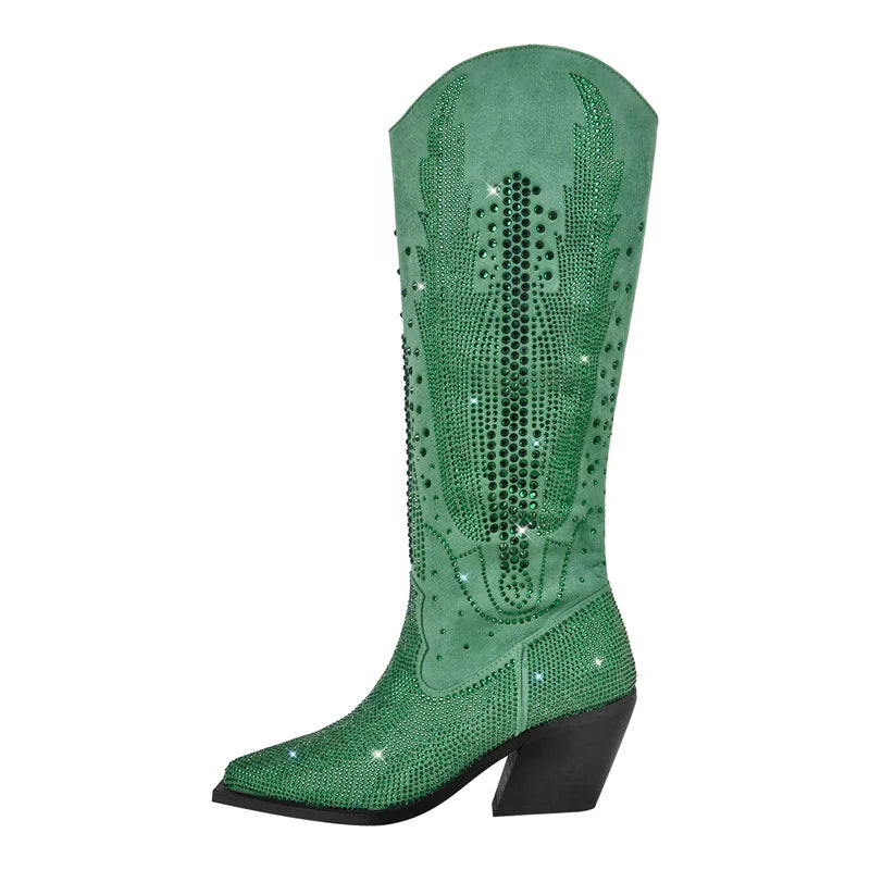 Onlymaker Women Black Knee High Rhinestone Boots Western Cowboy Boots Glitter Bling Shiny Block Heel Handmade Boots