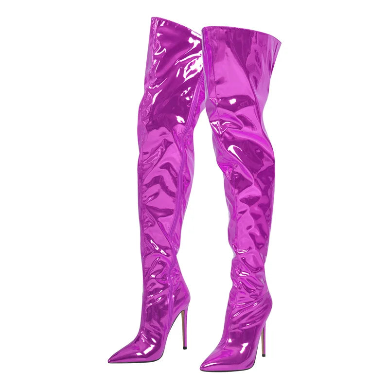 Onlymaker Women Pointed Toe Stiletto Over The Knee Boots Silver Metallic Zipper Fashion Handmade  Big Size Ladies Boots
