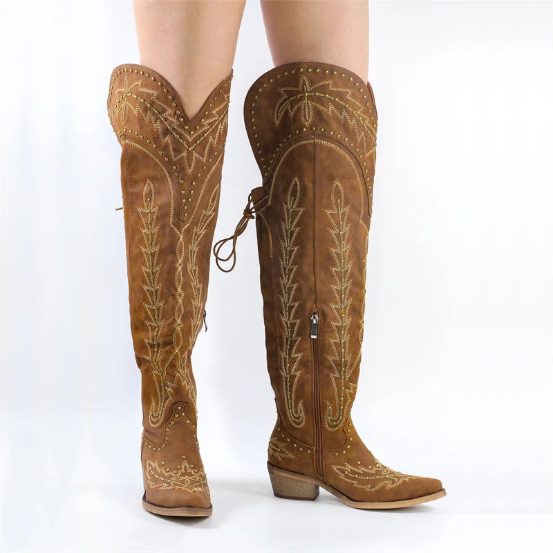 Onlymaker Women Lace UP Brown Over the Knee Boots Cowboy Boots Side Zipper Western Embroidery Thigh High Boots