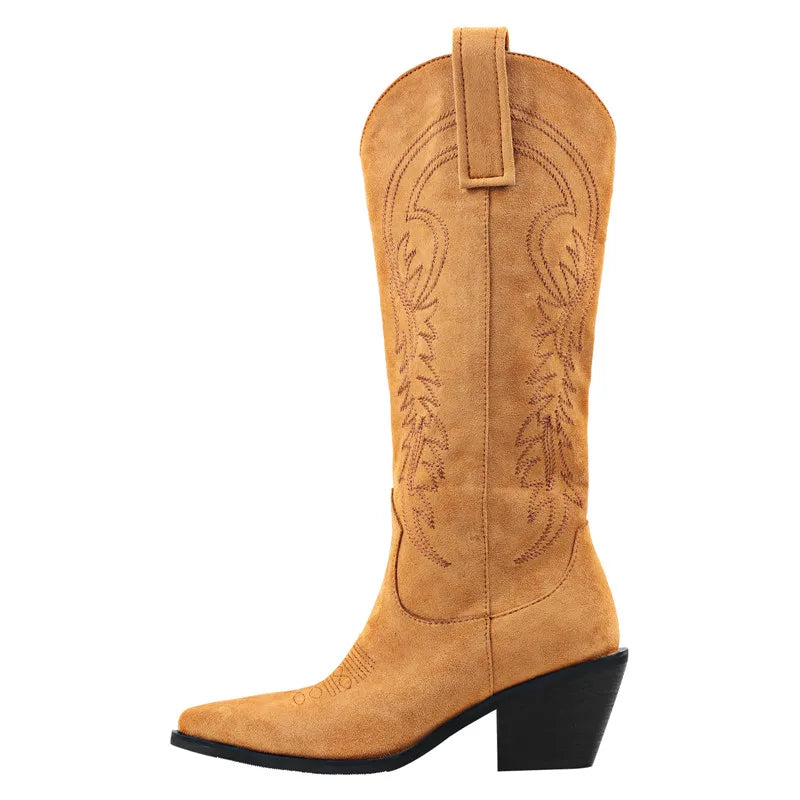 Onlymaker Cowboy Boots Women Knee High Boots Western Wide Calf Embroidered Pointed Toe Flock Block Heel Pull-On Cowgirl Booties