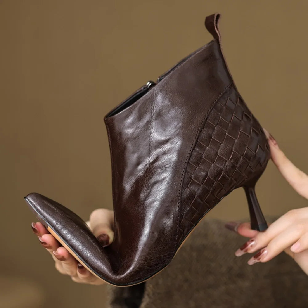 Women's Handmade genuine leather thin high heel pointed toe zip short booties British Style ankle boots