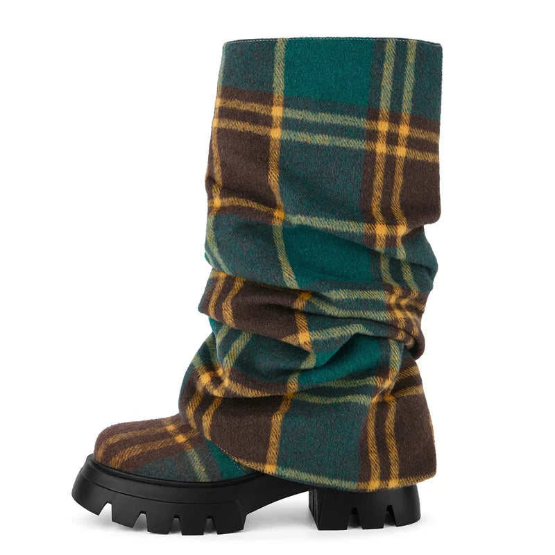 Onlymaker Women Platform  Pleated Fold Over Boots Round Toe Handmade Female Fashion Mid-Calf Boots