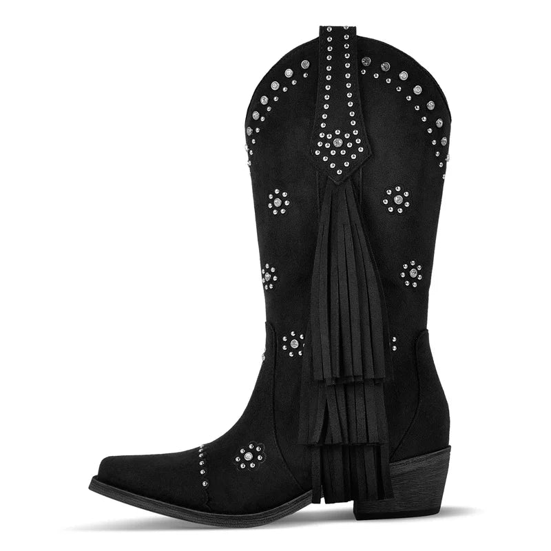 Onlymaker Women Pointed Toe Fringe Pull On Retro Western Cowgirl Boots Fringed Chunky Heel Cowboy Boots