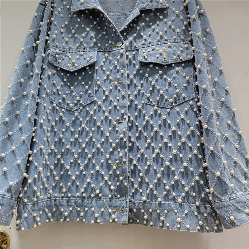 2026 Jeans Jacket Spring New Loose Heavy Beaded Denim Jacket For Women Trendy Long Sleeve Lapel Single-breasted Coat Female 11A08646
