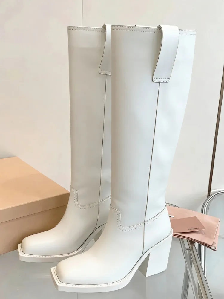 2026New Advanced Metal Square Head Women's Knight Boot Thick High Heel Sleeve Versatile Comfortable Women's Long Boots