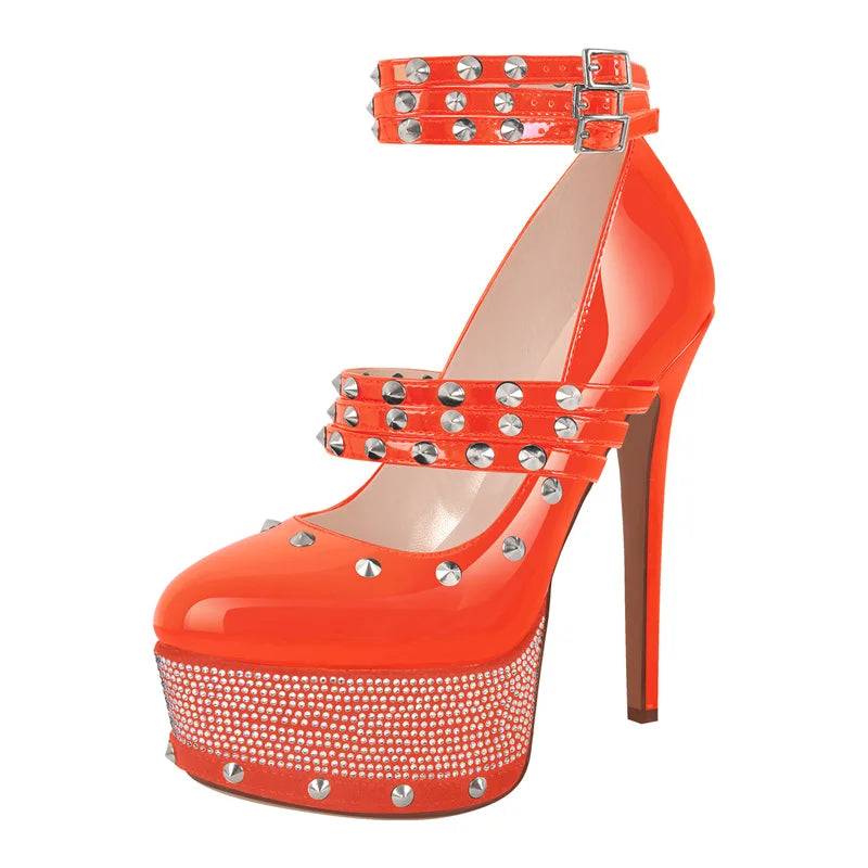 Women Rivet Platform Patent Leather Rhinestone Pumps High Heeled Big Size Ankle Straps Women Stiletto Pumps