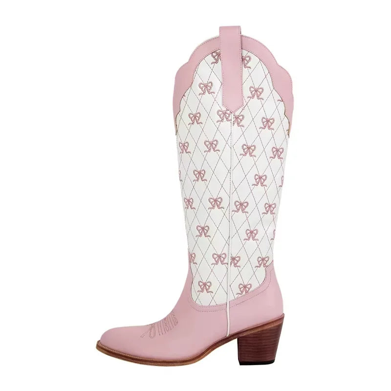 Onlymaker Women White  Pull-on Knee High Cowgirl Boots with Bow  Big Size Comfy Women Cowboy Boots