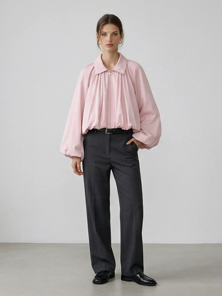 Women Fashion Pink Front Zipper Pleated Loose Bomber Jackets Vintage Lapel Neck Long Sleeves Female Chic Lady Outfits