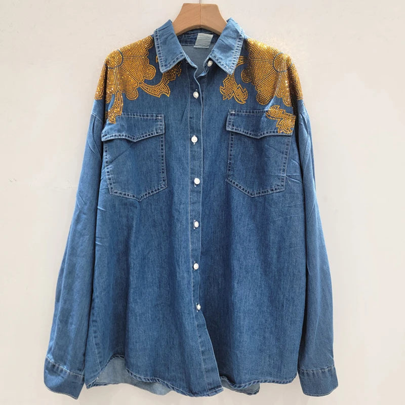 2026 Autumn New Fashion Design Denim Two-Piece Set For Women Heavy Rhinestone Shirt Elastic Waist Wide-leg Pants 11A05592